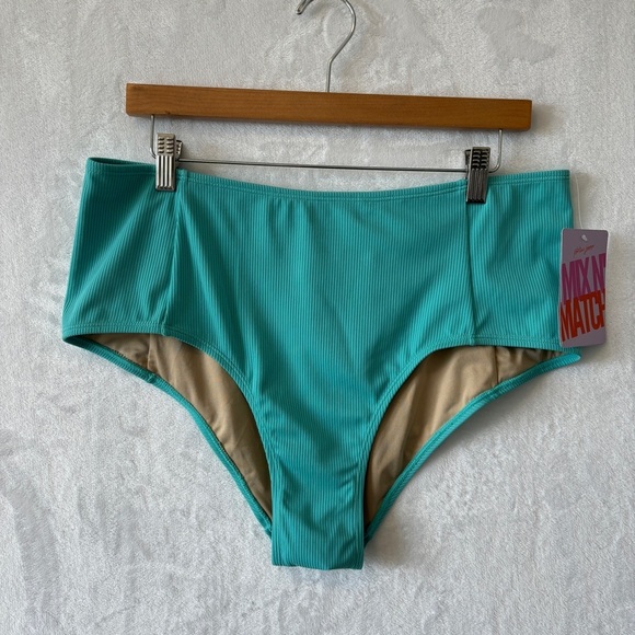 Kortni Jeane womens blue ribbed summer high rise bikini bottoms size XL NWT - Picture 1 of 7